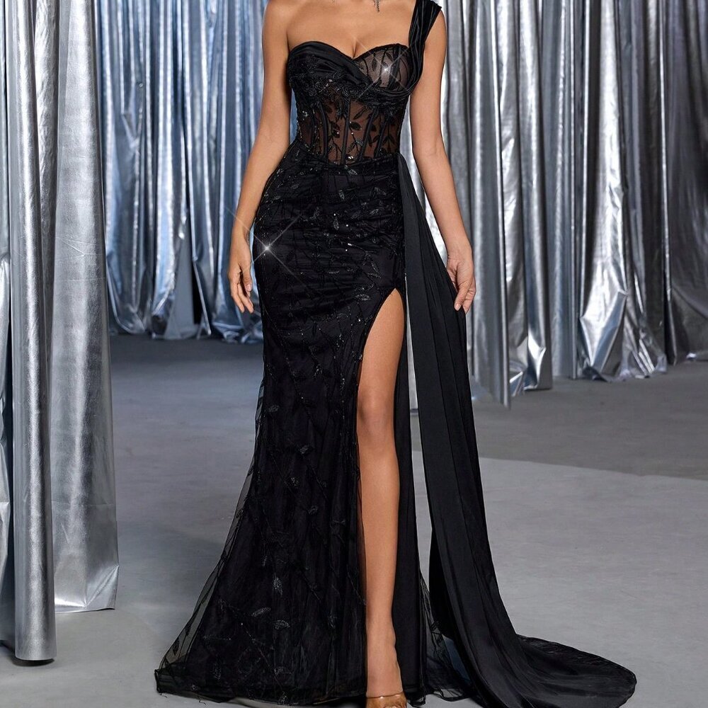 Black Party Women's Elegant Luxurious Embroidered Sequin Lace formal dress
